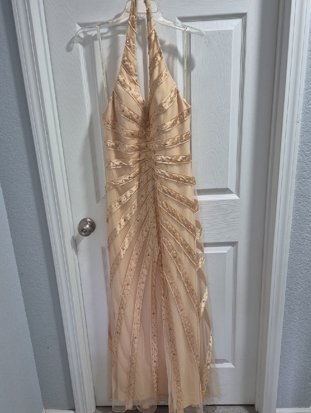 Beaded Halter Mesh Prom Gown in Champagne